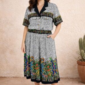 Vtg Platinum Dorothy Schoelen Southwestern Outfit 2 Pc Set Womens S/10 Top Skirt